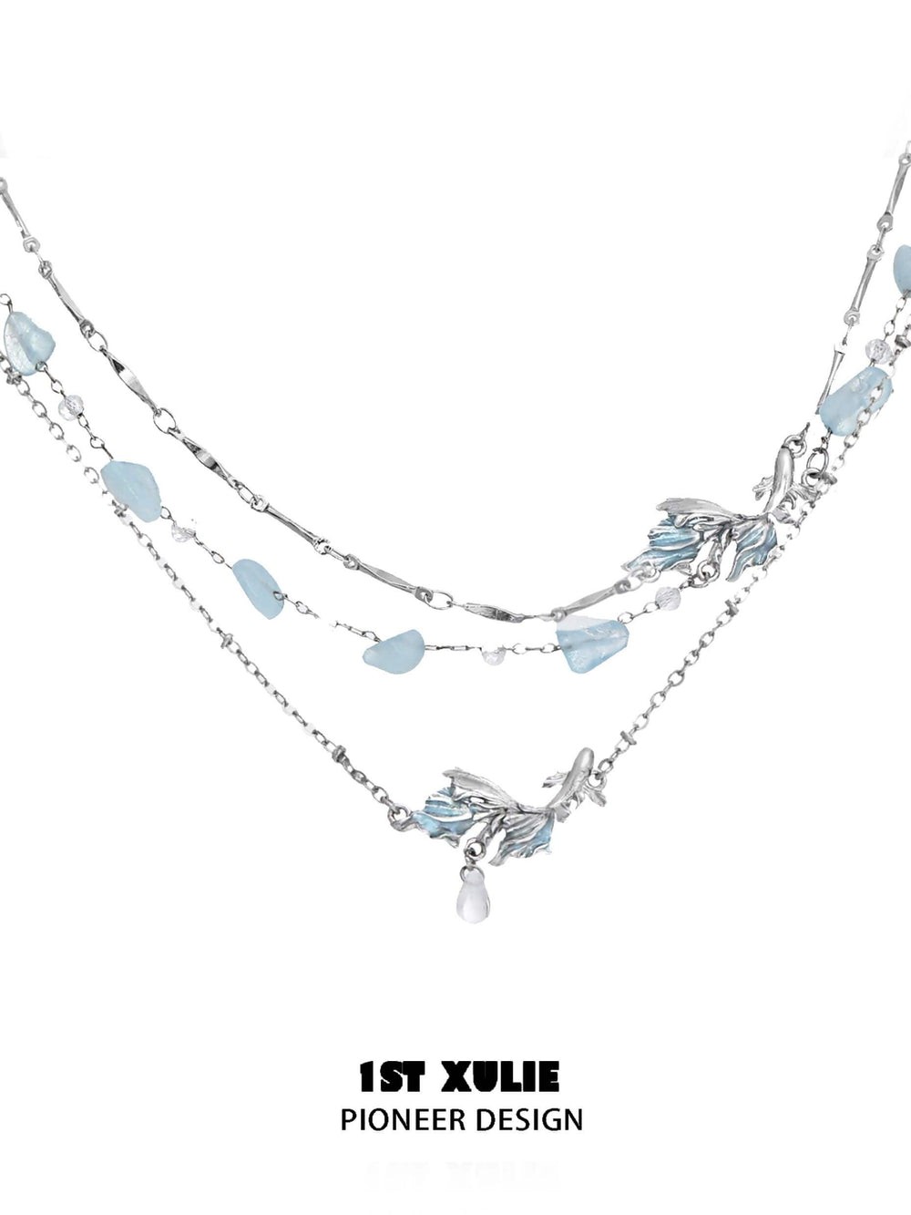 1ST XULIE "The Sea" Whimsical Goldfish Statement Pendant Necklace in Platinum Plated Titanium - Detail Shot