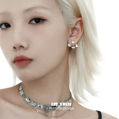 1ST XULIE "Ghosts" Whimsical Halloween Black Cat Studs in Platinum & Black Plated - Detail Shot