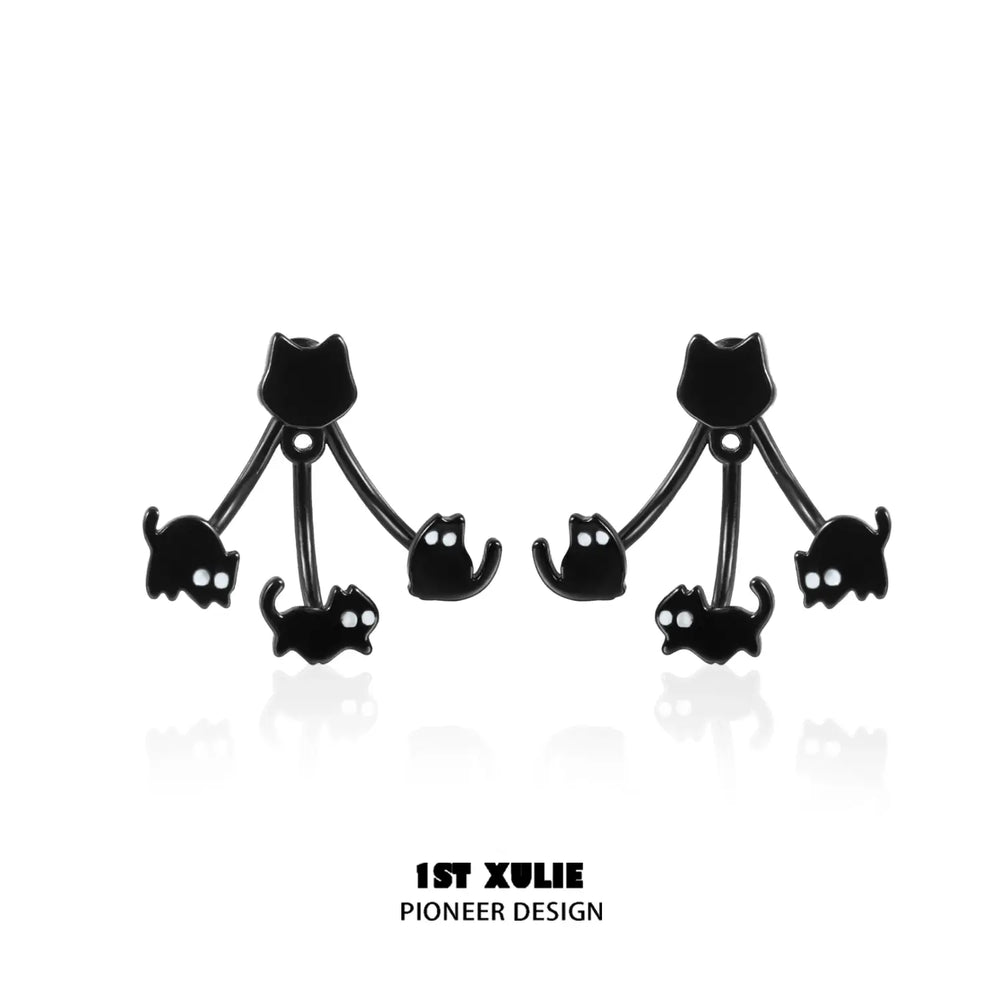 1ST XULIE "Ghosts" Whimsical Halloween Black Cat Studs in Platinum & Black Plated - Product View