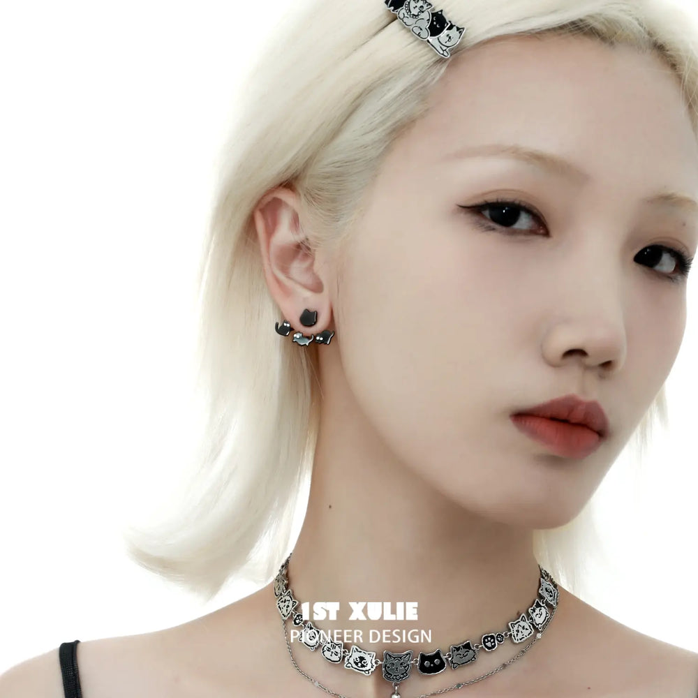 1ST XULIE "Ghosts" Whimsical Halloween Black Cat Studs in Platinum & Black Plated - Side View