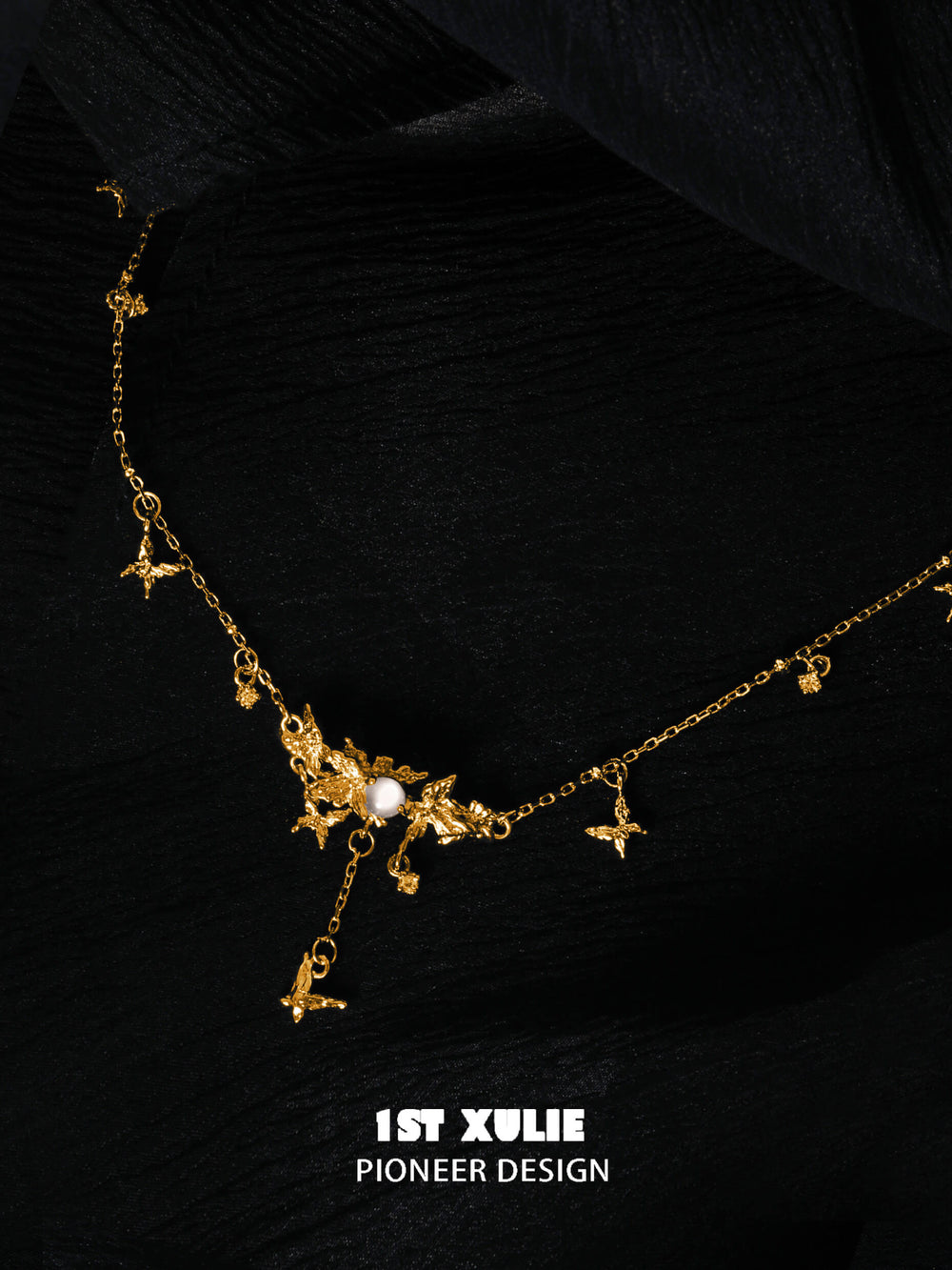 1ST XULIE "Whiterfly" White Agate Butterfly Pendant Necklace in 24K Gold Plated - Detail Shot