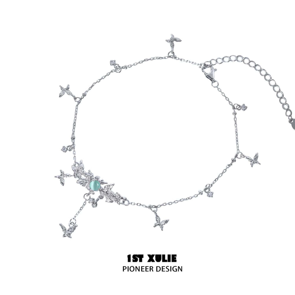1ST XULIE "Whiterfly" White Agate & Cat's Eye Butterfly Anklet in 925 Sterling Silver - Side View