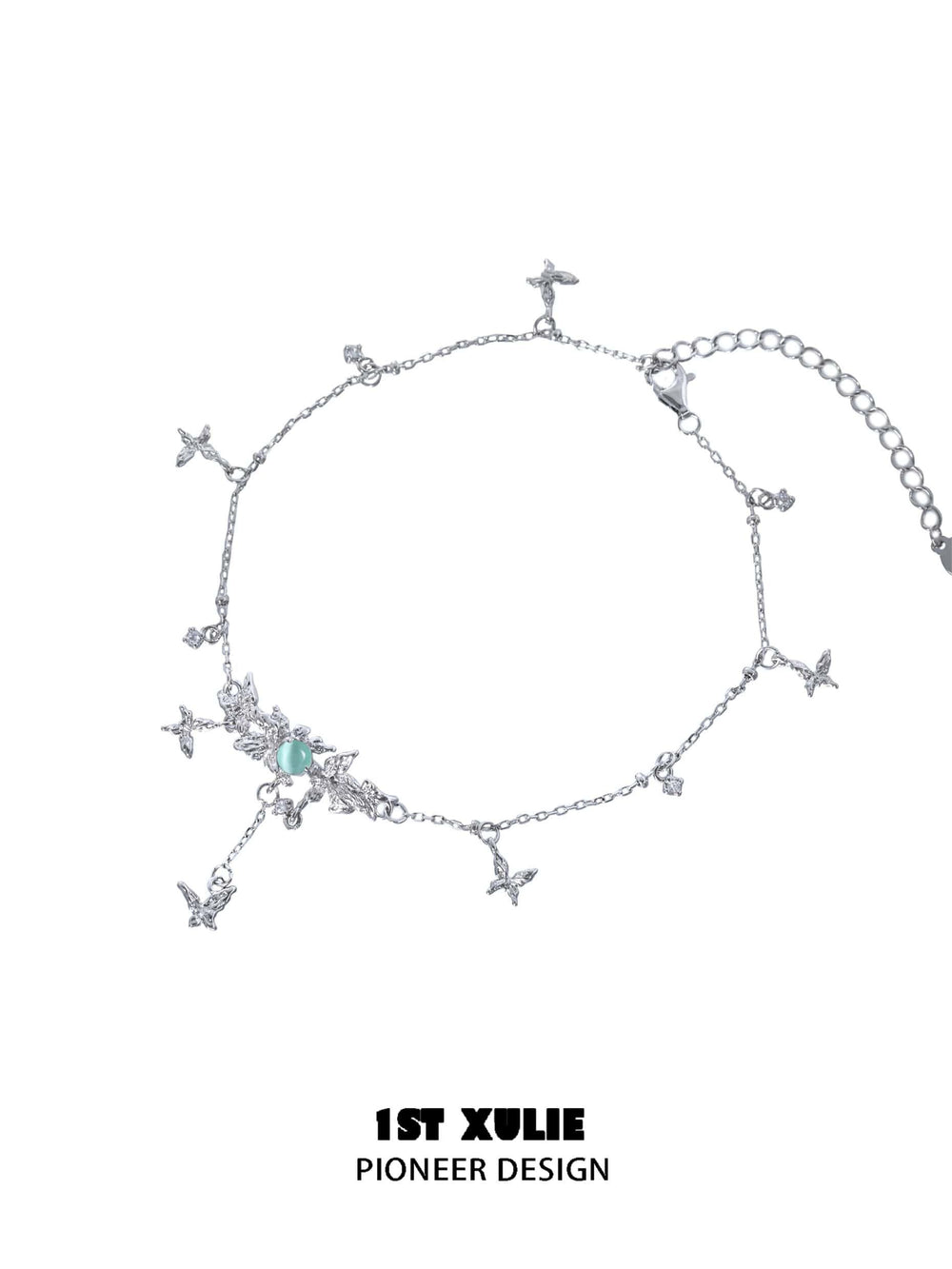 1ST XULIE "Whiterfly" White Agate & Cat's Eye Butterfly Anklet in 925 Sterling Silver - Detail Shot