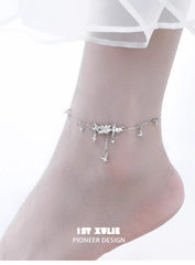 1ST XULIE "Whiterfly" White Agate & Cat's Eye Butterfly Anklet in 925 Sterling Silver - Product View