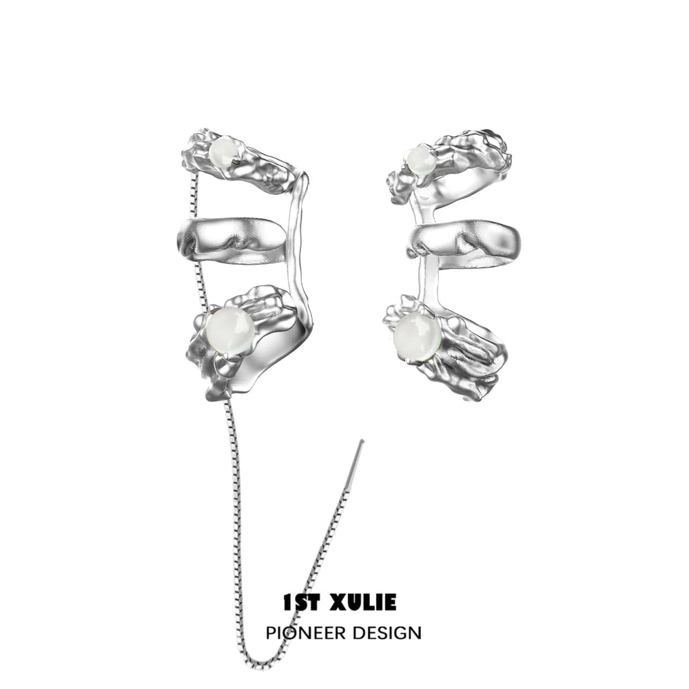 1ST XULIE "Day Dream" White Agate Chain Ear Clips in 24K Gold Plated Brass - On Model Close-Up