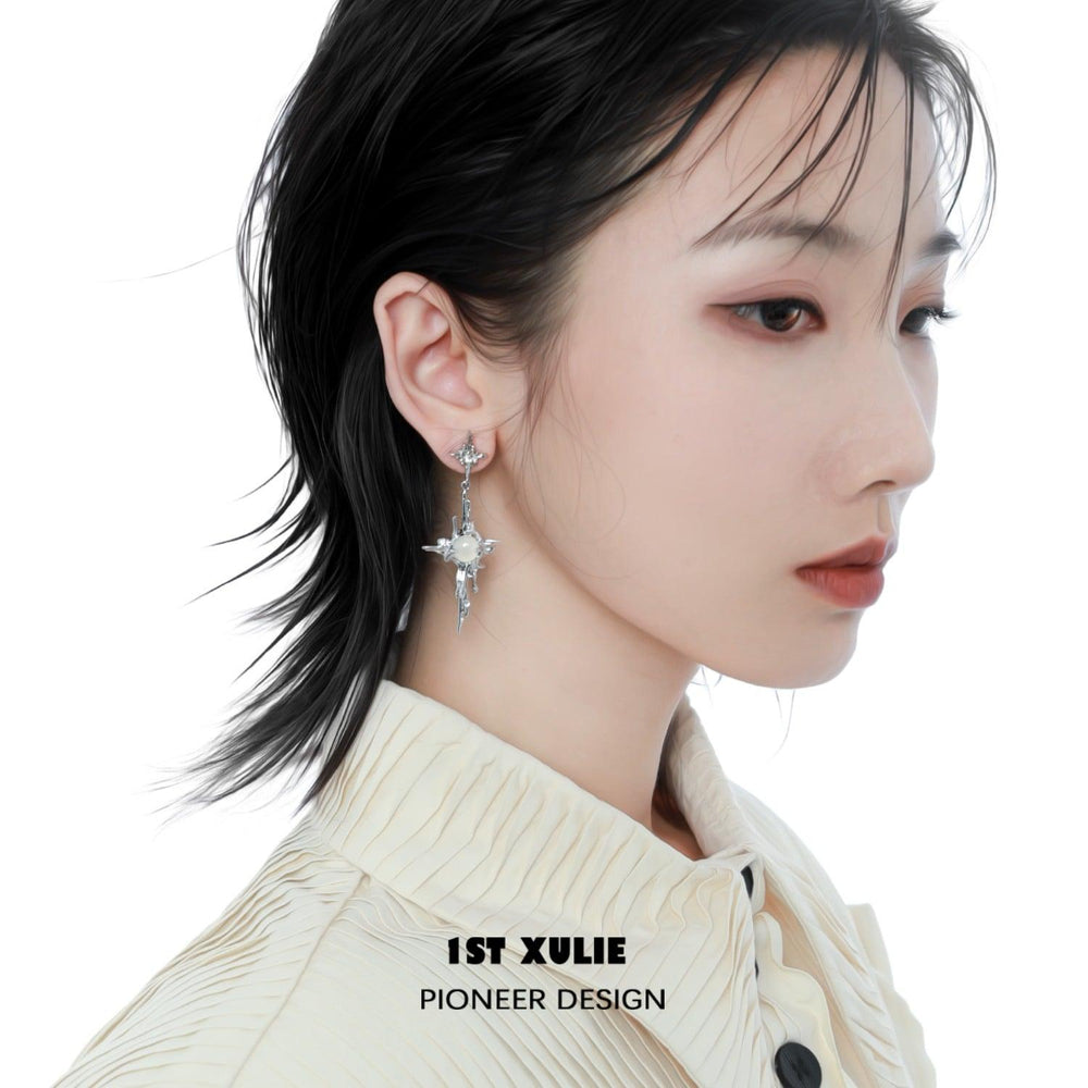1ST XULIE "Day Dream" Statement White Agate Dangle Pendant Earrings in Platinum Plated Brass - Angle View