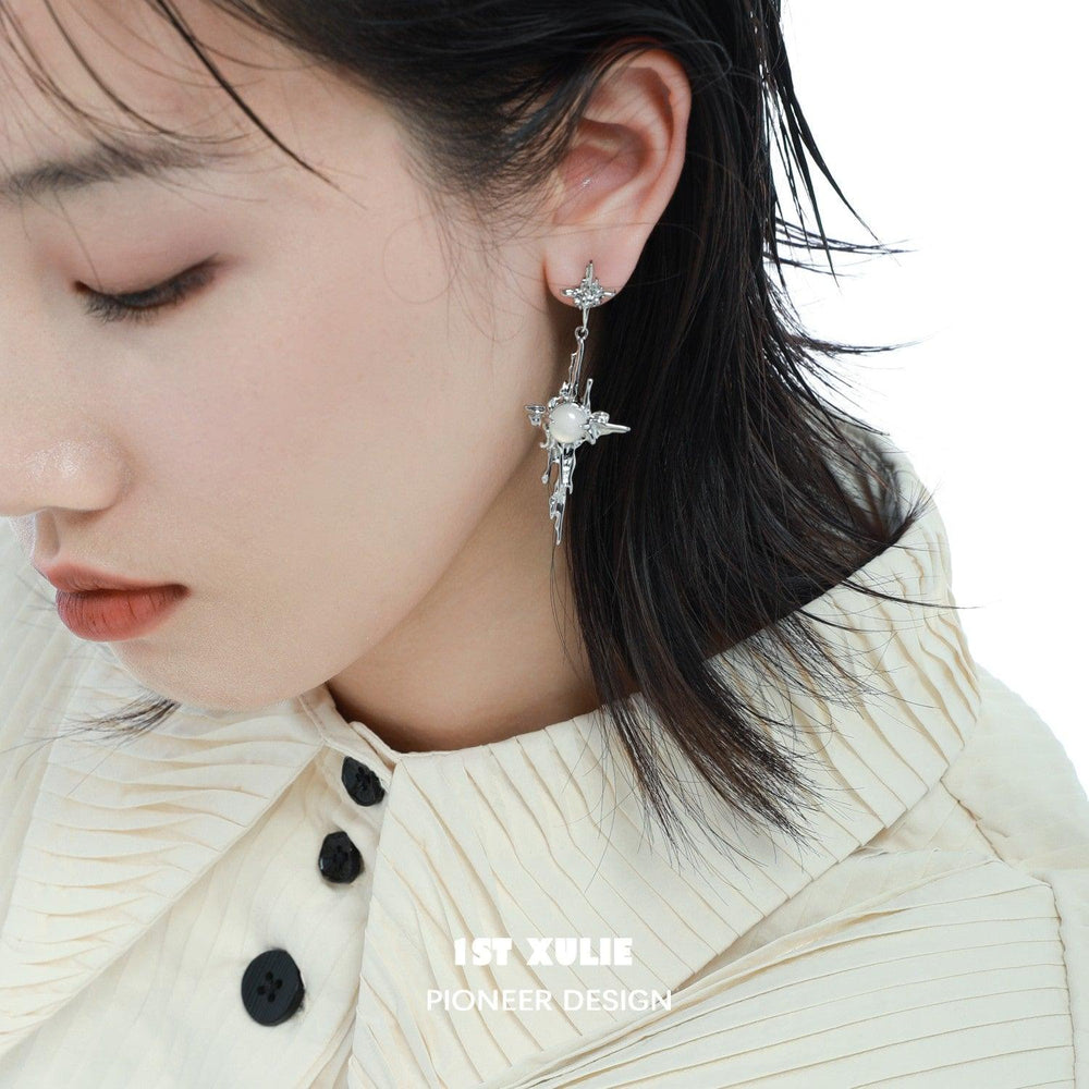 1ST XULIE "Day Dream" Statement White Agate Dangle Pendant Earrings in Platinum Plated Brass - Detail Shot