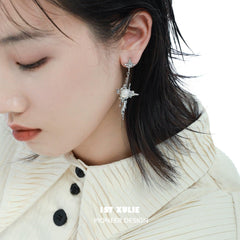 1ST XULIE "Day Dream" Statement White Agate Dangle Pendant Earrings in Platinum Plated Brass - Detail Shot