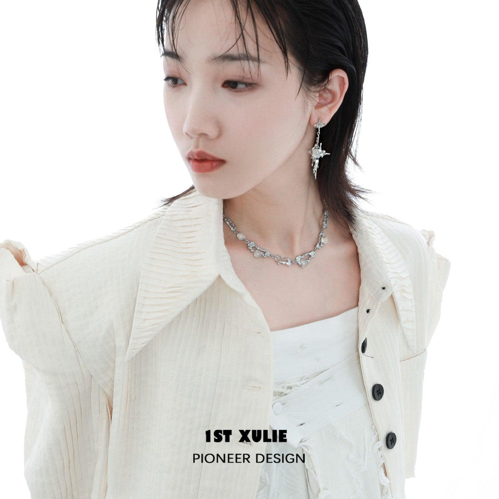 1ST XULIE "Day Dream" Statement White Agate Dangle Pendant Earrings in Platinum Plated Brass - On Model Close-Up
