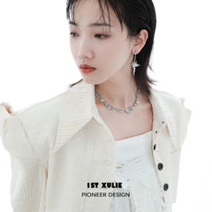 1ST XULIE "Day Dream" Statement White Agate Dangle Pendant Earrings in Platinum Plated Brass - On Model Close-Up