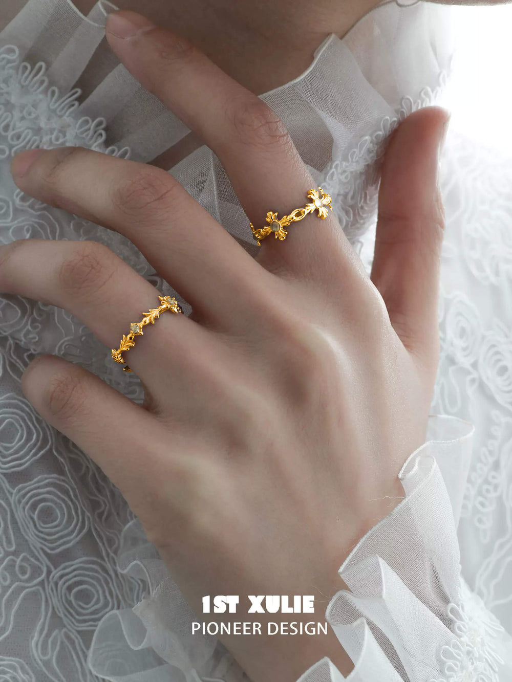 1ST XULIE "Star Dome" Adjustable Gemstone White Agate Open Ring in 24k Gold Plated Silver - Detail Shot