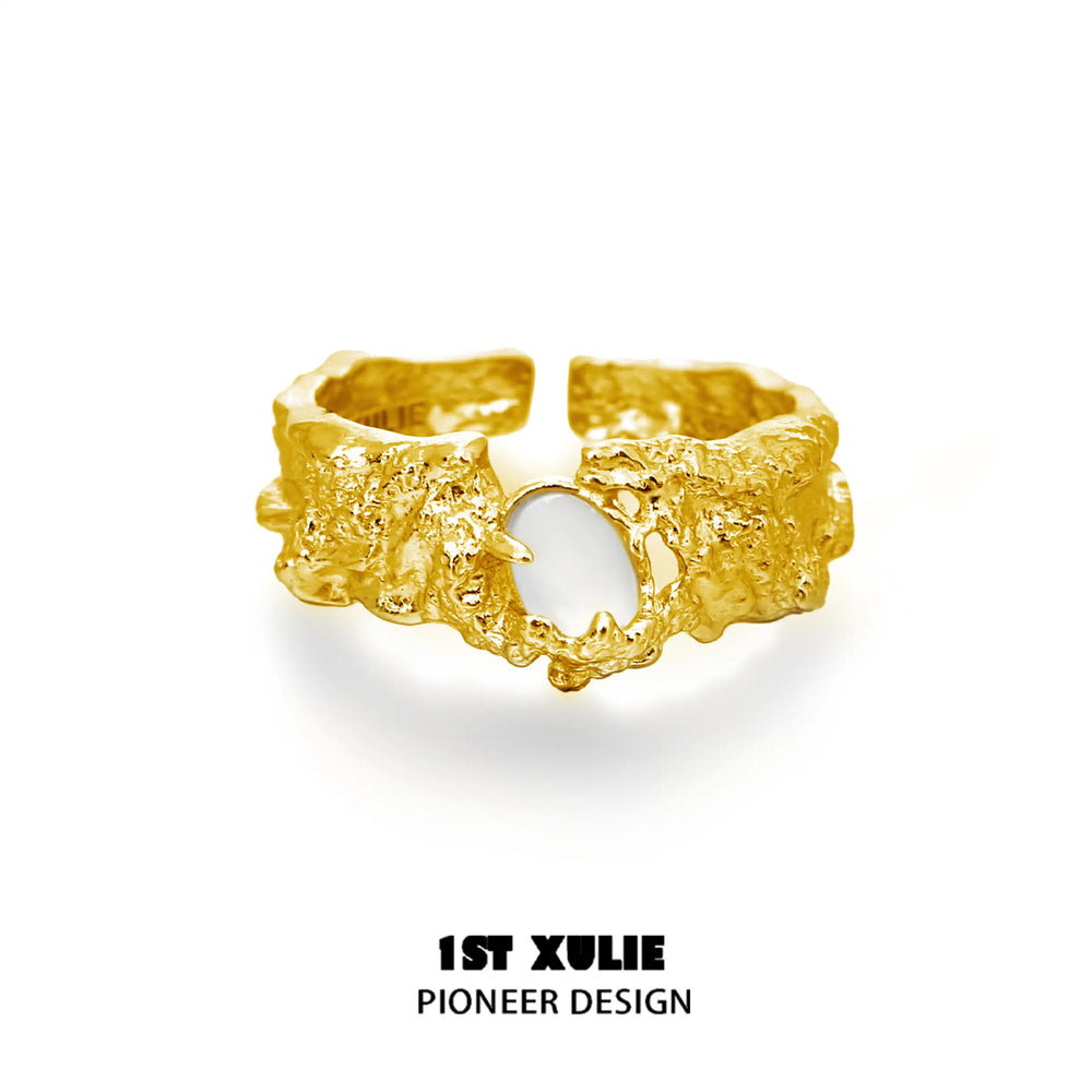 1ST XULIE "Daybreak" Minimalist White Agate Adjustable Statement Ring in 24K Gold Plated 925 Sterling Silver - Product View