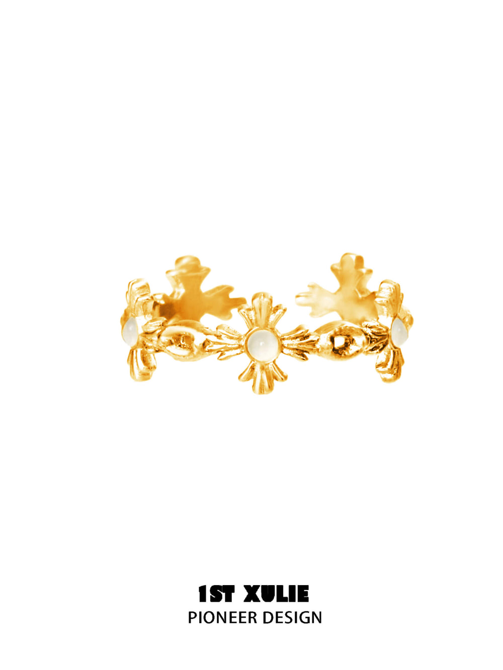 1ST XULIE "Star Dome" Adjustable Gemstone White Agate Open Ring in 24k Gold Plated Silver - Product View