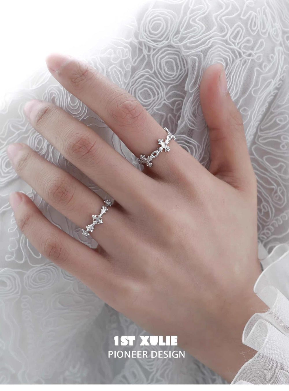 1ST XULIE "Star Dome" Dainty White Agate Adjustable Open Ring in 925 Sterling Silver - Detail Shot