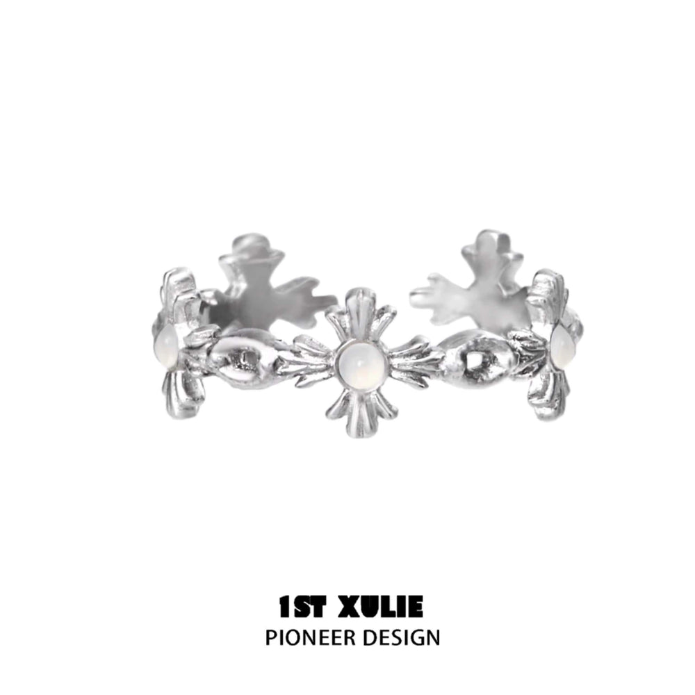 1ST XULIE "Star Dome" Dainty White Agate Adjustable Open Ring in 925 Sterling Silver - Product View