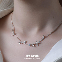 1ST XULIE "Whiterfly" Dainty White Chalcedony Beaded Choker Necklace in 925 Sterling Silver - Lifestyle Shot
