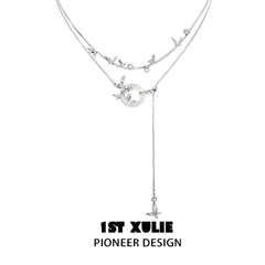 1ST XULIE "Whiterfly" Dainty White Chalcedony Beaded Choker Necklace in 925 Sterling Silver - Product View