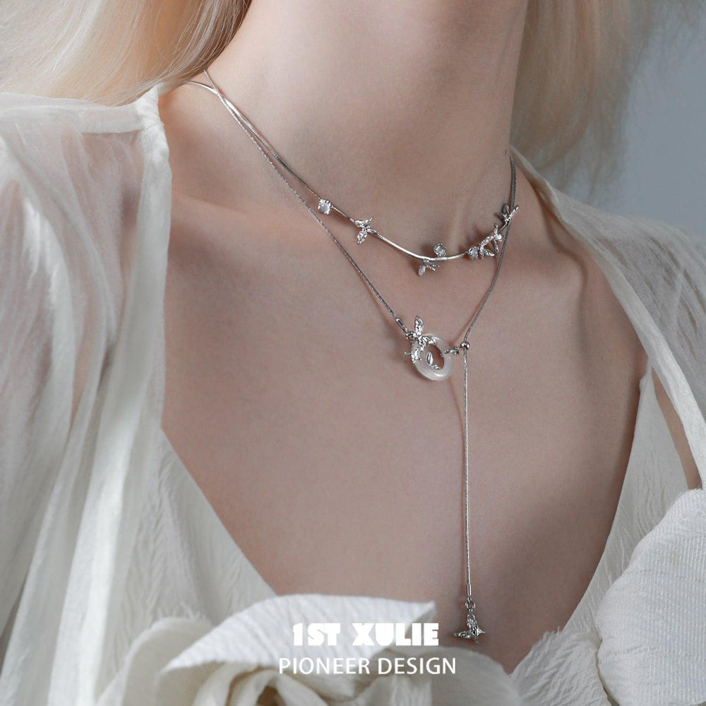 1ST XULIE "Whiterfly" Dainty White Chalcedony Beaded Choker Necklace in 925 Sterling Silver - Detail Shot On Model