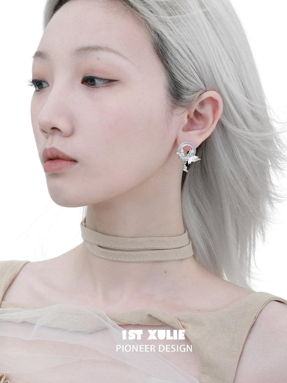 1ST XULIE "Whiterfly" White Chalcedony Butterfly Drop Earrings in Platinum Plated - Detail Shot