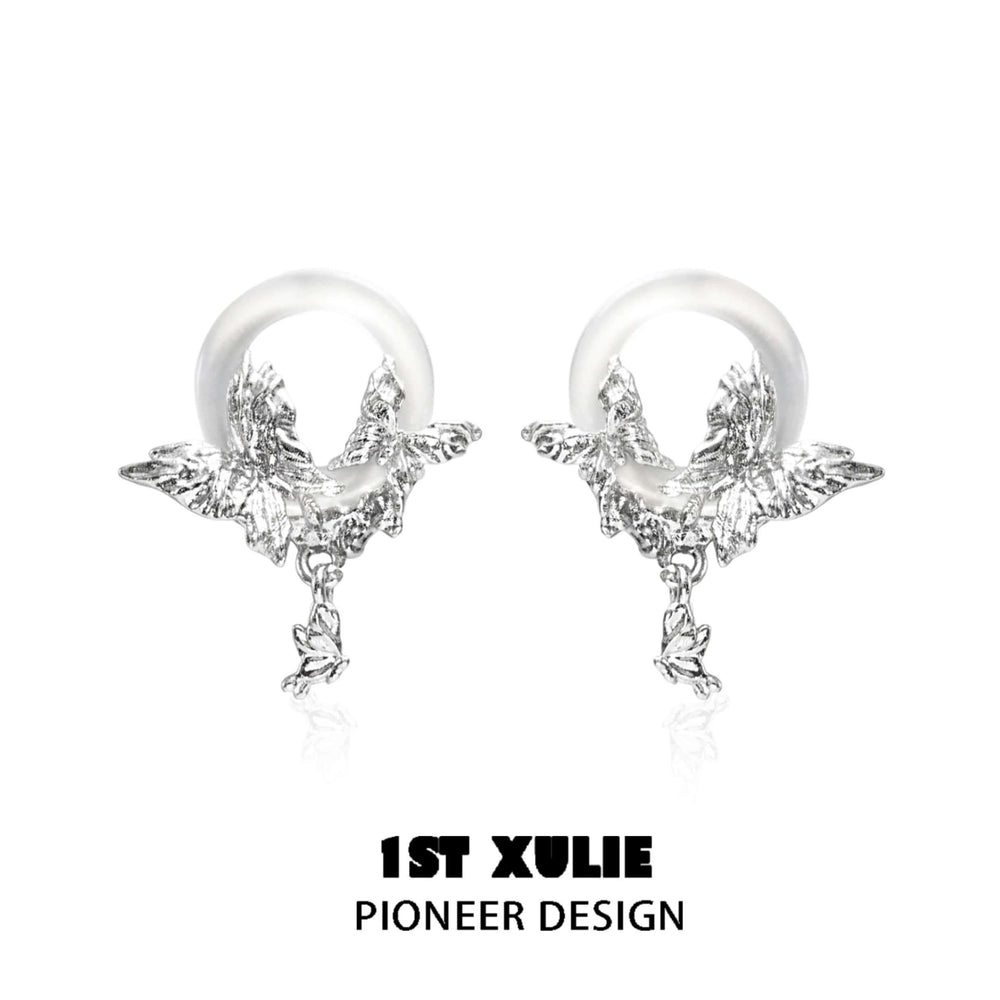 1ST XULIE "Whiterfly" White Chalcedony Butterfly Drop Earrings in Platinum Plated - On Model