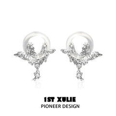1ST XULIE "Whiterfly" White Chalcedony Butterfly Drop Earrings in Platinum Plated - On Model