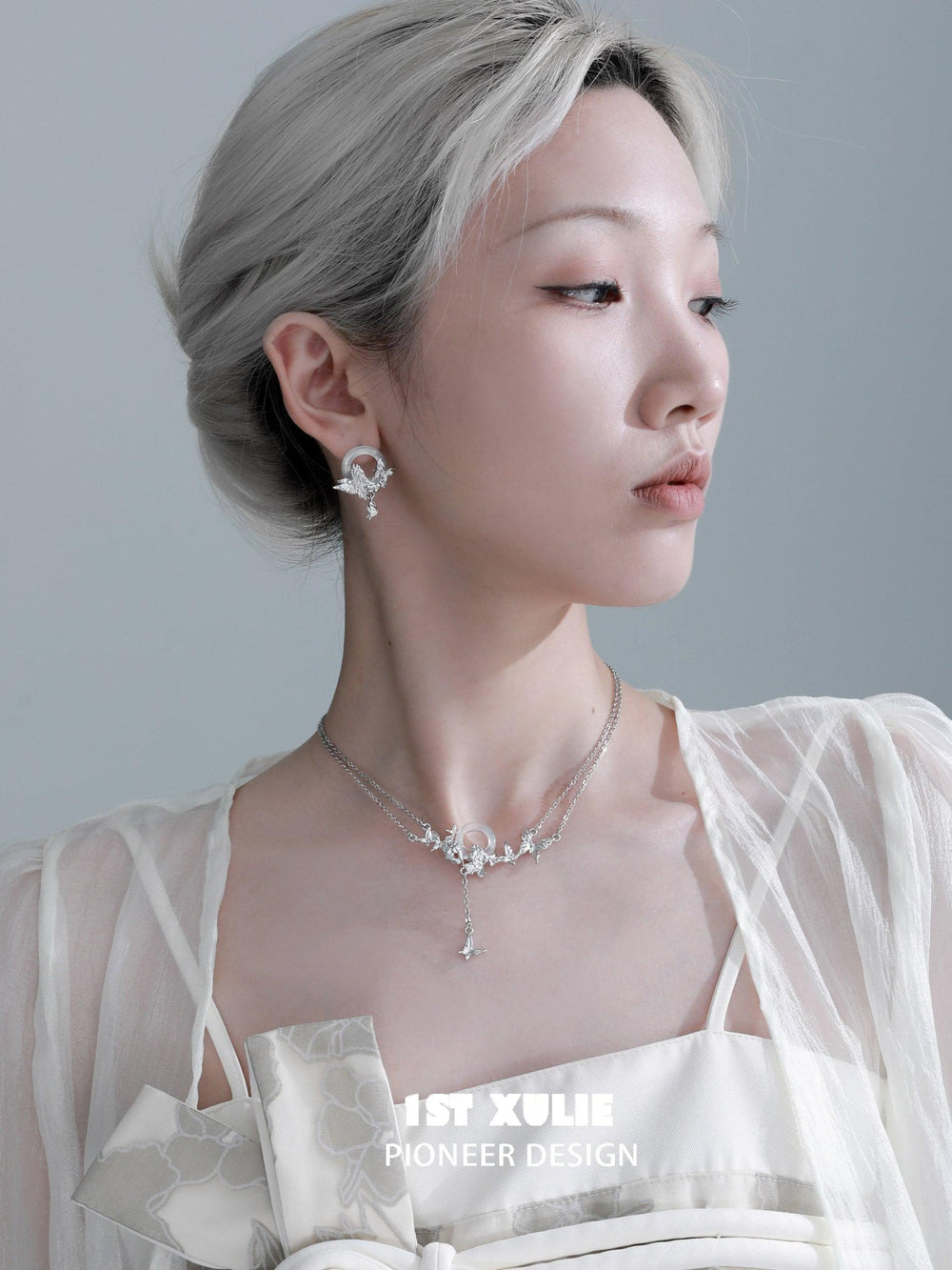 1ST XULIE "Whiterfly" White Chalcedony Butterfly Drop Earrings in Platinum Plated - Side View