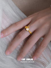 1ST XULIE "Whiterfly" Adjustable Statement White Chalcedony Butterfly Ring in 24K Gold Plated 925 Sterling Silver - Detail Shot