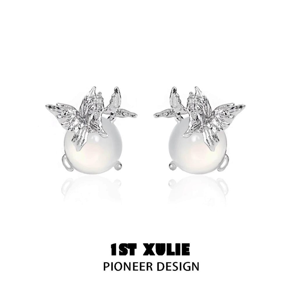 1ST XULIE "Whiterfly" White Chalcedony Butterfly Stud Earrings in 925 Sterling Silver - Side View