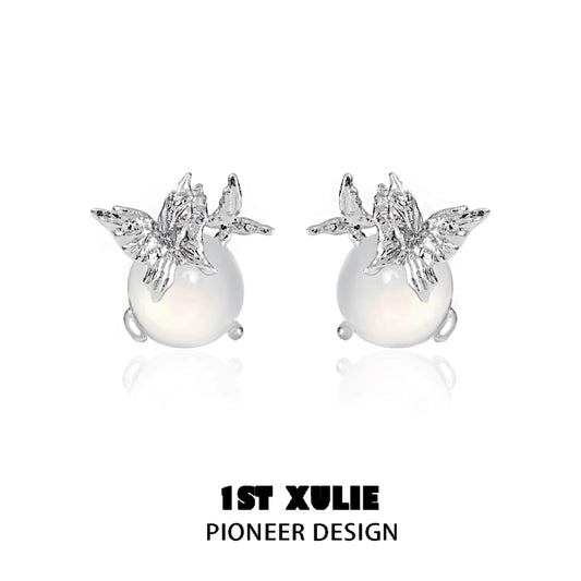 1ST XULIE "Whiterfly" White Chalcedony Butterfly Stud Earrings in 925 Sterling Silver - Side View