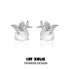 1ST XULIE "Whiterfly" White Chalcedony Butterfly Stud Earrings in 925 Sterling Silver - Side View