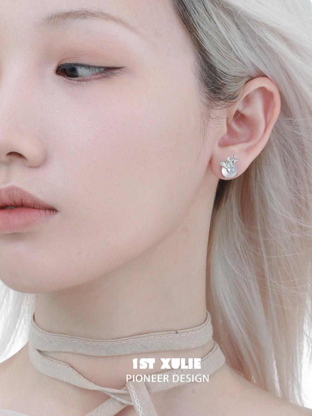 1ST XULIE "Whiterfly" White Chalcedony Butterfly Stud Earrings in 925 Sterling Silver - Lifestyle Shot