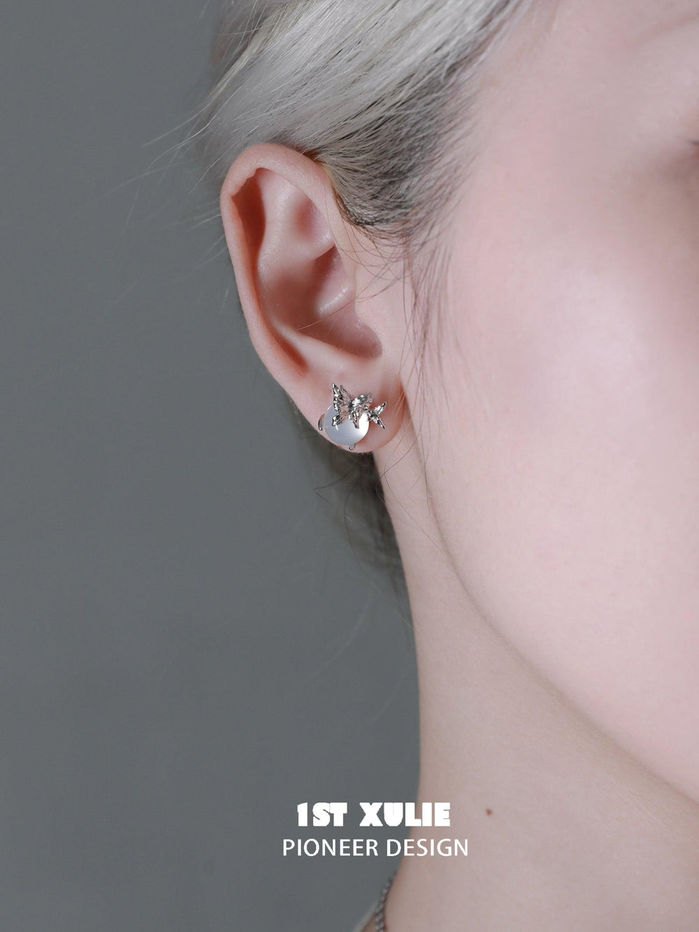 1ST XULIE "Whiterfly" White Chalcedony Butterfly Stud Earrings in 925 Sterling Silver - On Model Close-up