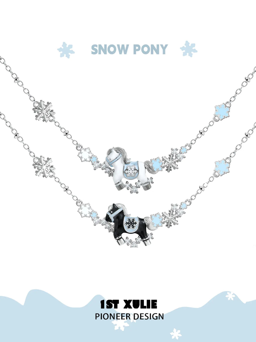 1ST XULIE Jewelry "Snowy Cuties" White Pony Dainty Pendant Necklace in Platinum Plated - Angle 2