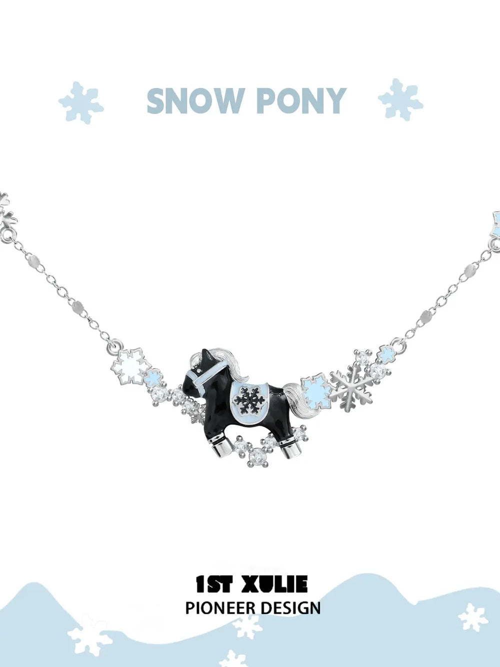 1ST XULIE Jewelry "Snowy Cuties" White Pony Dainty Pendant Necklace in Platinum Plated - Lifestyle Shot