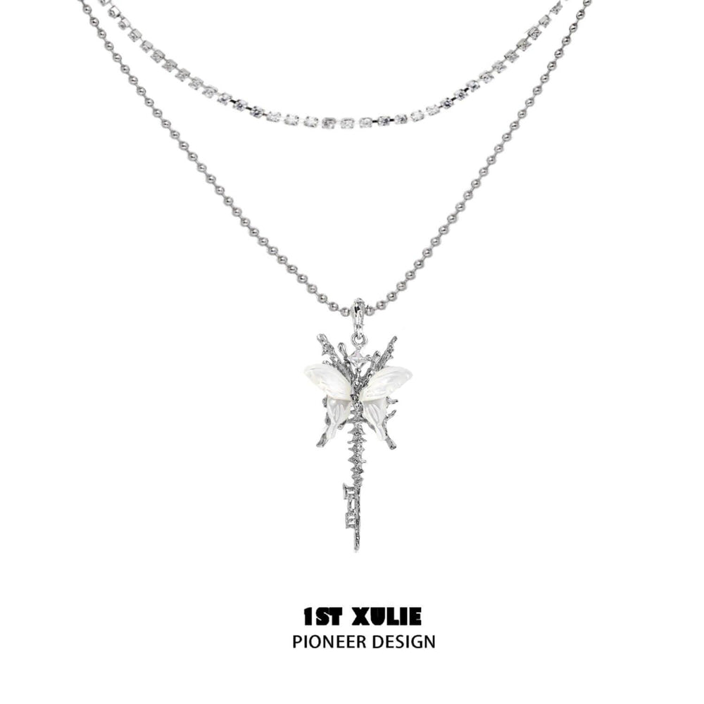 1ST XULIE "Whiterfly" White Shell Butterfly Necklace in Platinum & Titanium - Back View