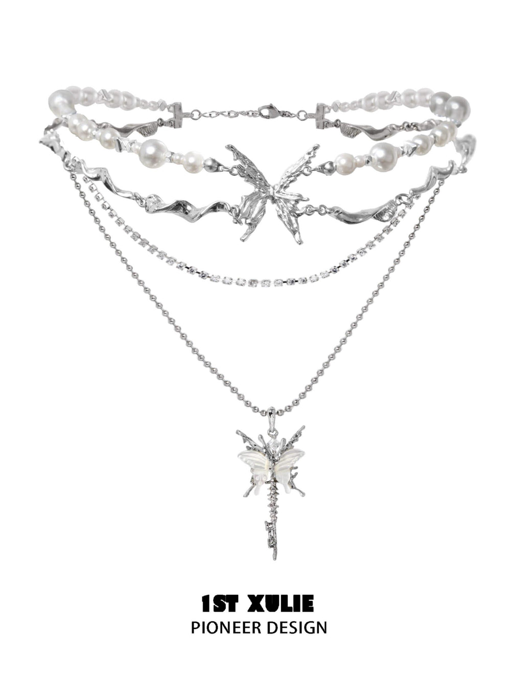 1ST XULIE "Whiterfly" White Shell Butterfly Necklace in Platinum & Titanium - On Model