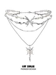 1ST XULIE "Whiterfly" White Shell Butterfly Necklace in Platinum & Titanium - On Model