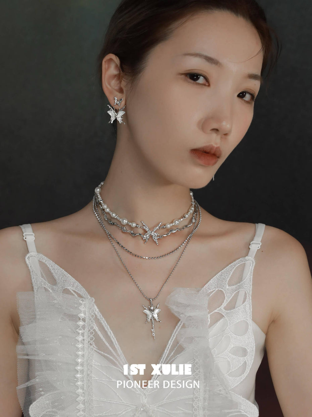 1ST XULIE "Whiterfly" White Shell Butterfly Necklace in Platinum & Titanium - On Model Close-Up