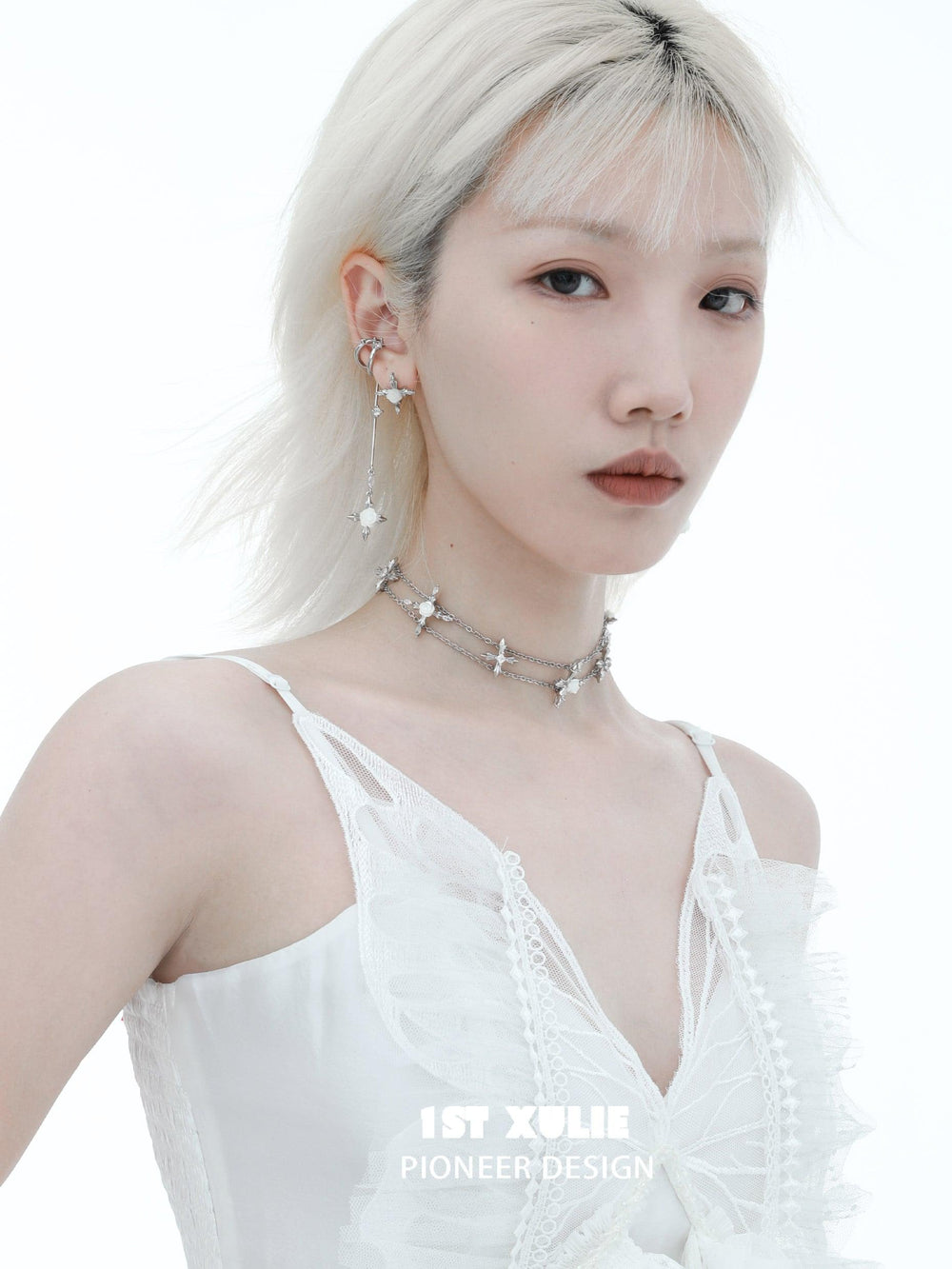 1ST XULIE "Rose Believer" White Shell Camellia Cross Choker Necklace in Platinum Plated - Detail Shot