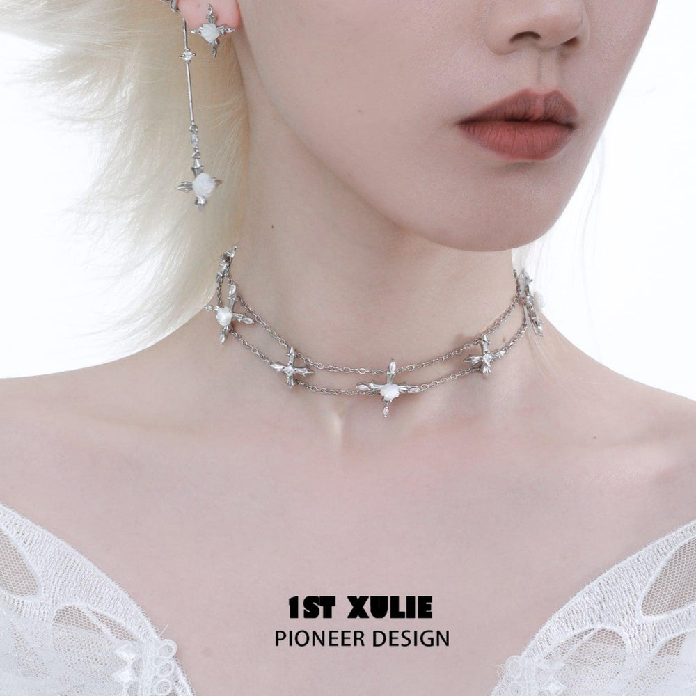 1ST XULIE "Rose Believer" White Shell Camellia Cross Choker Necklace in Platinum Plated - Product View