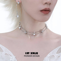 1ST XULIE "Rose Believer" White Shell Camellia Cross Choker Necklace in Platinum Plated - Product View