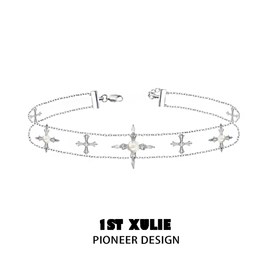 1ST XULIE "Rose Believer" White Shell Camellia Cross Choker Necklace in Platinum Plated - On Model