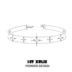 1ST XULIE "Rose Believer" White Shell Camellia Cross Choker Necklace in Platinum Plated - On Model