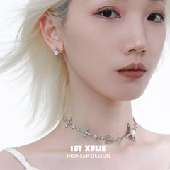 1ST XULIE "Rose Believer" Platinum Plated White Shell Rose Cross Statement Studs - Angle View
