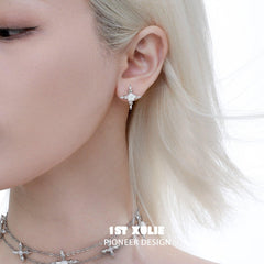 1ST XULIE "Rose Believer" Platinum Plated White Shell Rose Cross Statement Studs - Product View