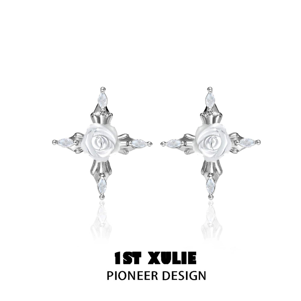 1ST XULIE "Rose Believer" Platinum Plated White Shell Rose Cross Statement Studs - On Model