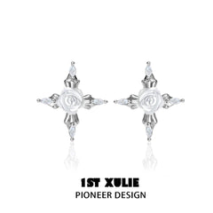 1ST XULIE "Rose Believer" Platinum Plated White Shell Rose Cross Statement Studs - On Model