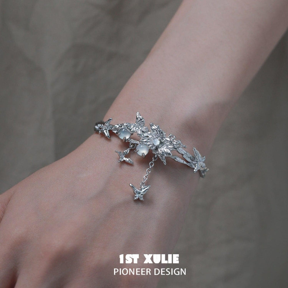 1ST XULIE "Whiterfly" Gothic Skeleton Butterfly Charm Bracelet in Gold & Platinum Plate - On Model