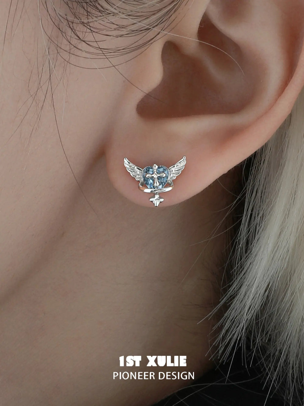 1ST XULIE Jewelry "Forbidden Love" Colorful Zirconia Winged Heart Stud Earrings in 925 Sterling Silver - Angle View 1