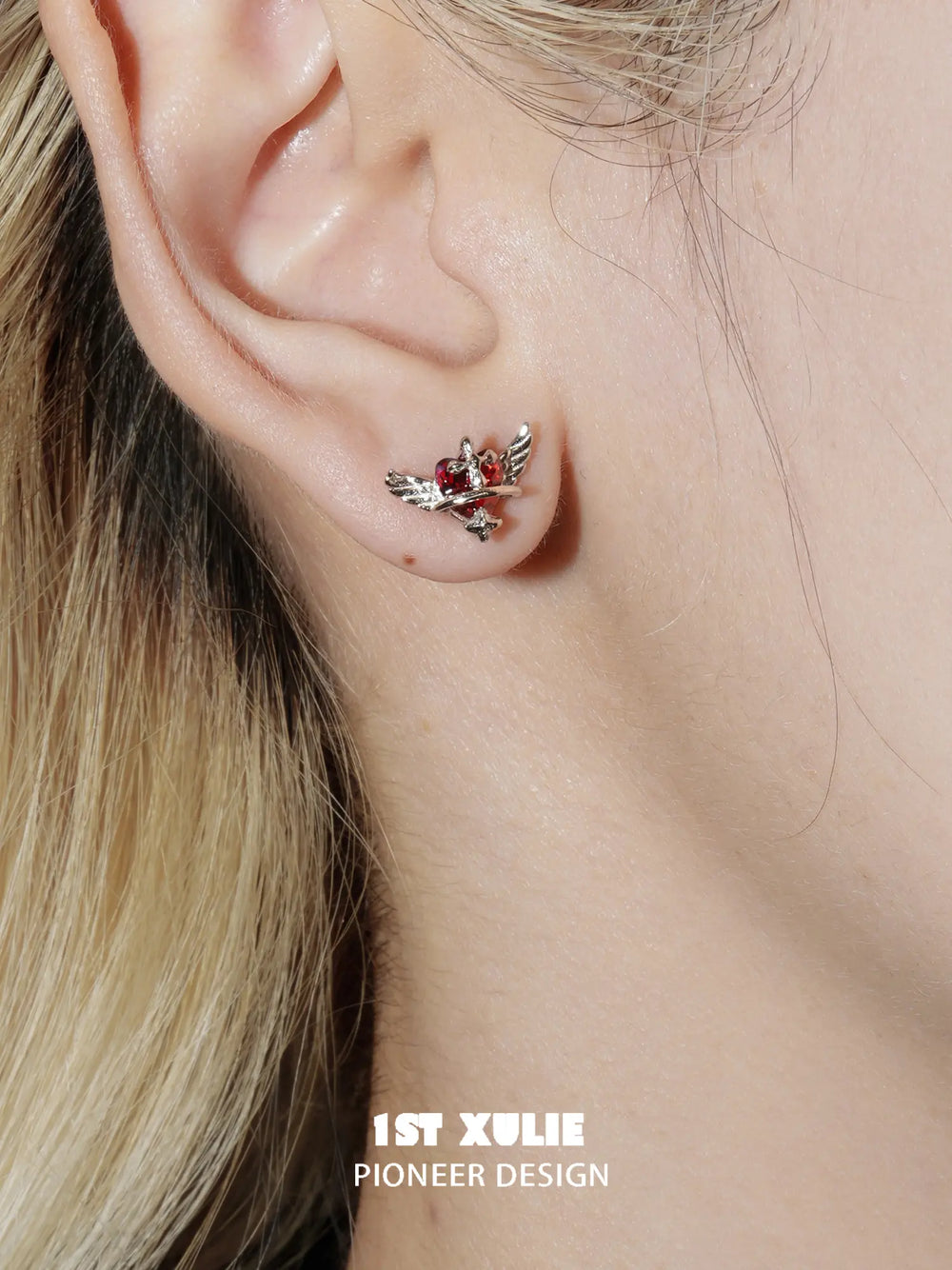 1ST XULIE Jewelry "Forbidden Love" Colorful Zirconia Winged Heart Stud Earrings in 925 Sterling Silver - Product View